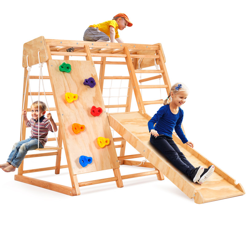 ANGGREK 8 in 1 Indoor Playground Wood Toddler Climber Jungle Gym Baby Climbing Toys Sports Climber Backyard Playset with Slide Swing for Kids Children 2 Way to Place Wayfair